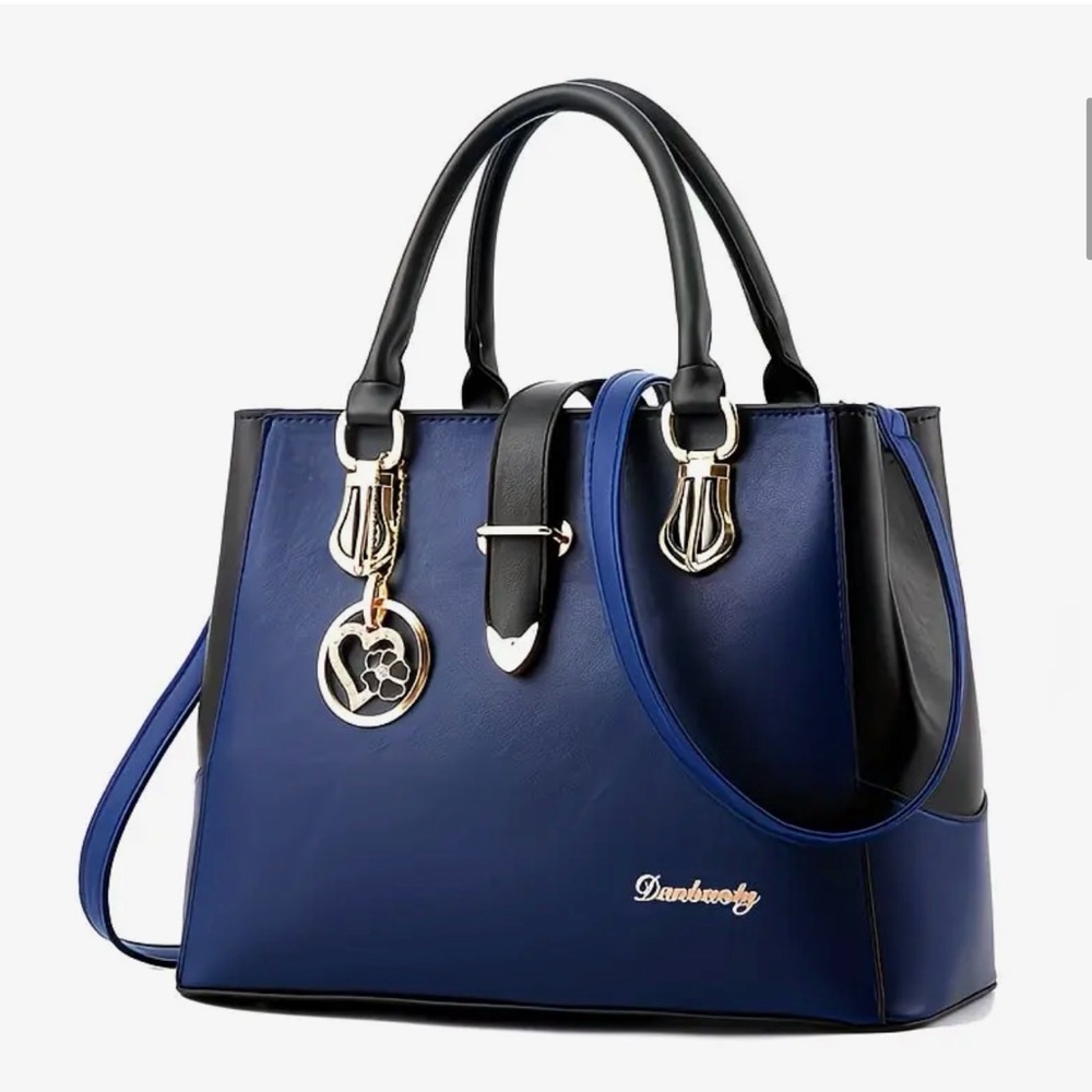 Women's Blue and Black Faux Leather Handbag Shoulder Bag Purse
